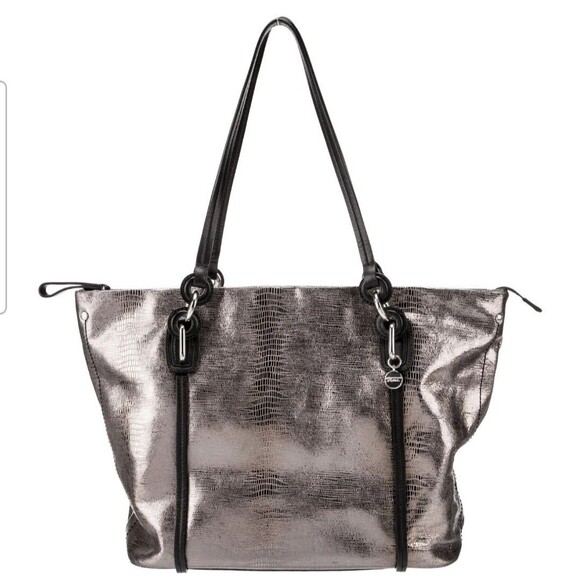 TUMI Traveler Glossy Faux Snakeskin Texture Grey Zip Tote Leather Trim - Picture 1 of 16